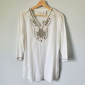 CHICO's Women's White Linen Tunic Sz. 0 (S) Embellished 3/4 Sleeve NWT